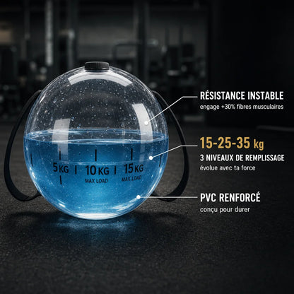 Square layout, a close-up of the HydroSphere water ball standing vertically on a dark rubber gym flo